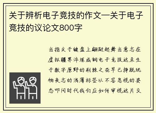 关于辨析电子竞技的作文—关于电子竞技的议论文800字
